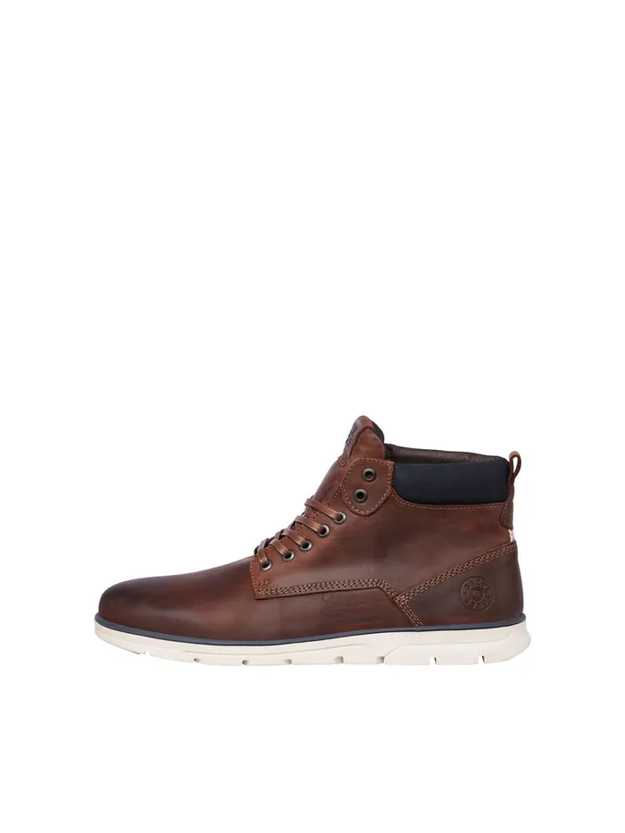 Boots JACK and JONES Mens COGNAC LEATHER BOOTS Brown Brandy Brown Cheap On Sale