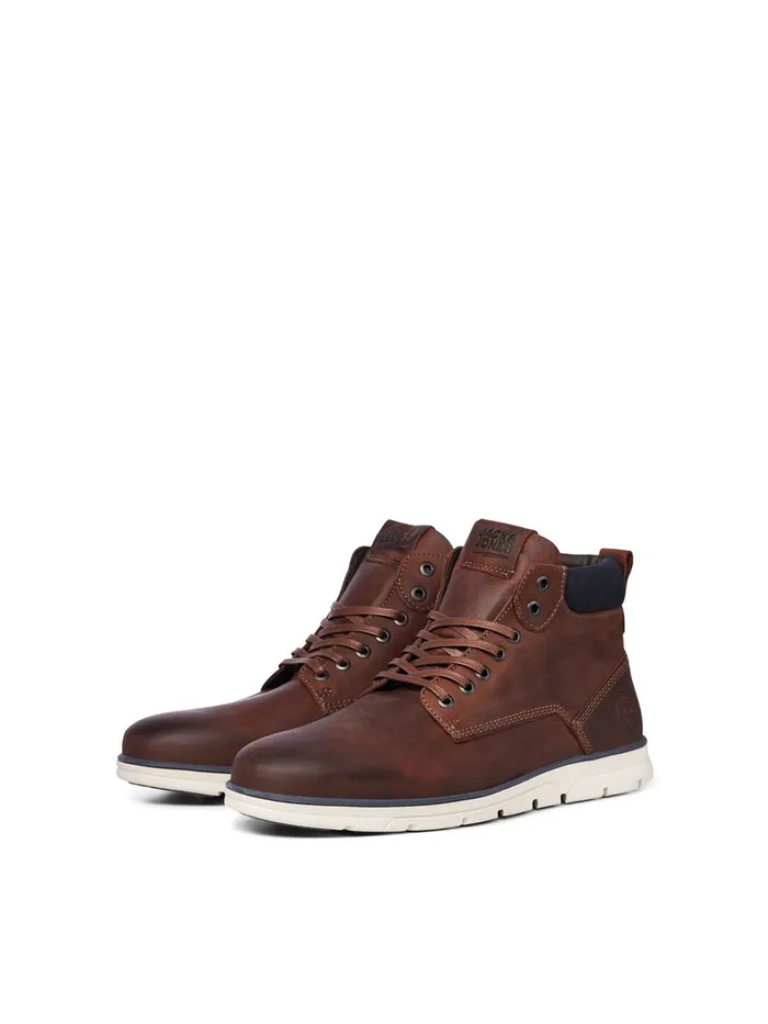 Boots JACK and JONES Mens COGNAC LEATHER BOOTS Brown Brandy Brown Cheap On Sale