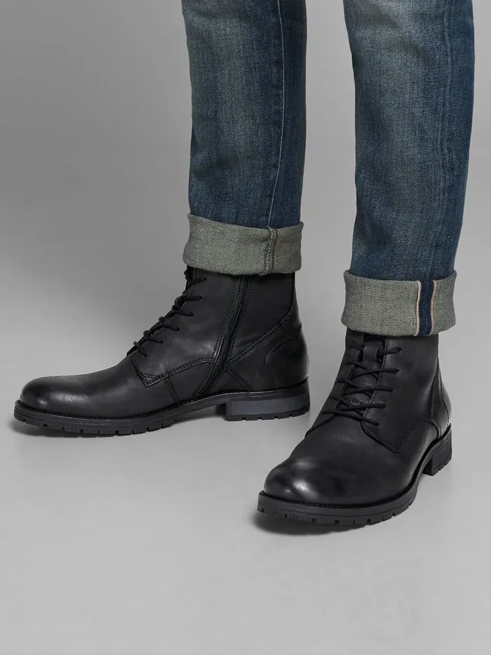 Boots JACK and JONES Mens COW LEATHER BOOTS Black Anthracite Cheap On Sale