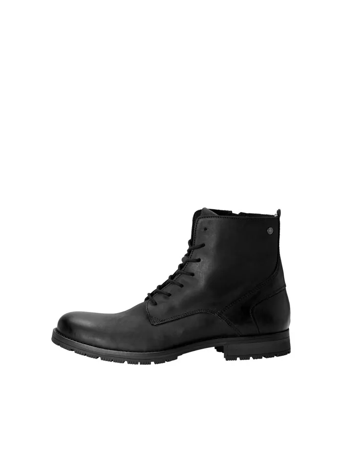Boots JACK and JONES Mens COW LEATHER BOOTS Black Anthracite Cheap On Sale