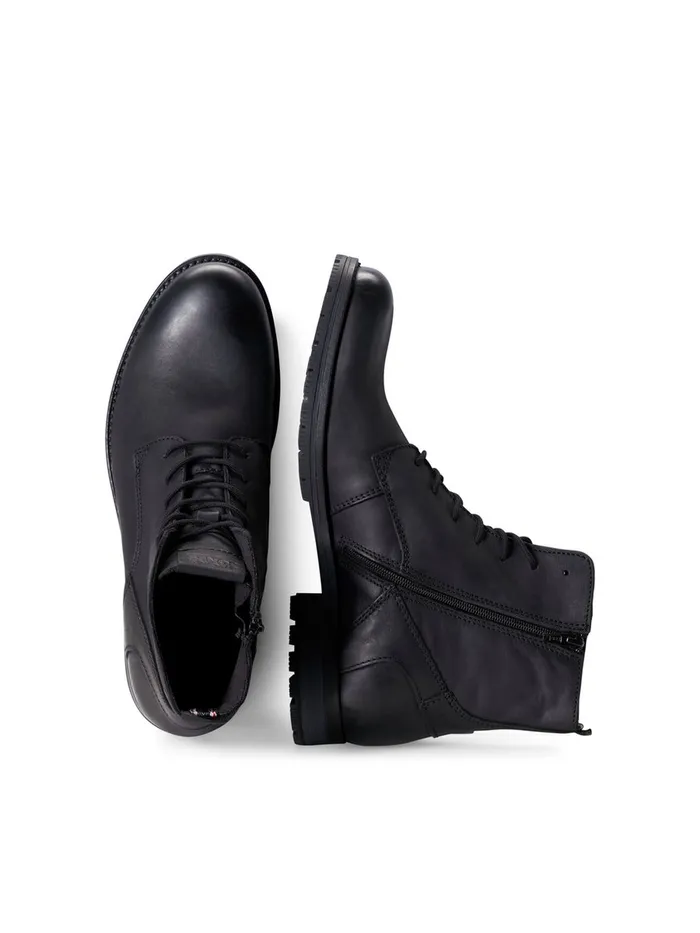 Boots JACK and JONES Mens COW LEATHER BOOTS Black Anthracite Cheap On Sale