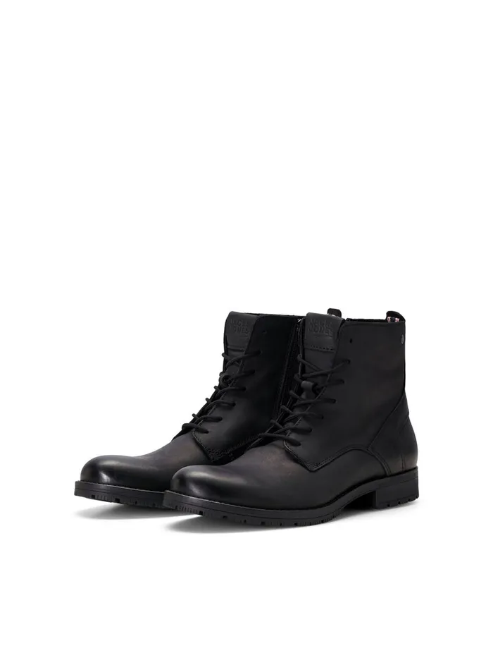 Boots JACK and JONES Mens COW LEATHER BOOTS Black Anthracite Cheap On Sale