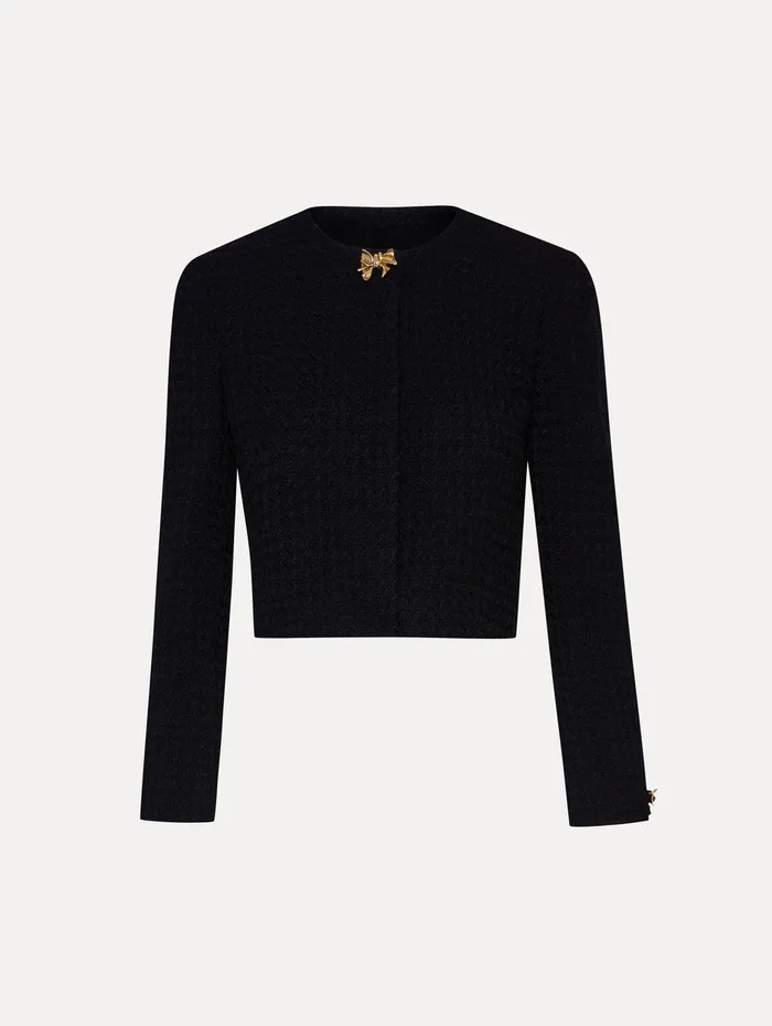 Bow Button Tweed Jacket Black Women Oscar De La Renta Jackets and Coats