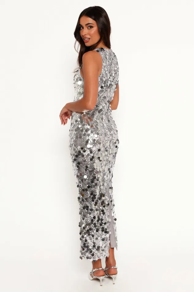 Brielle Sparkly Midi Dress Silver Fall Dresses Petal and Pup Women