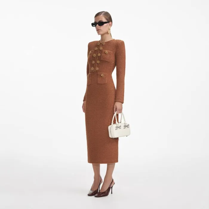 Brown Textured Knit Midi Dress Women Self Portrait Dresses