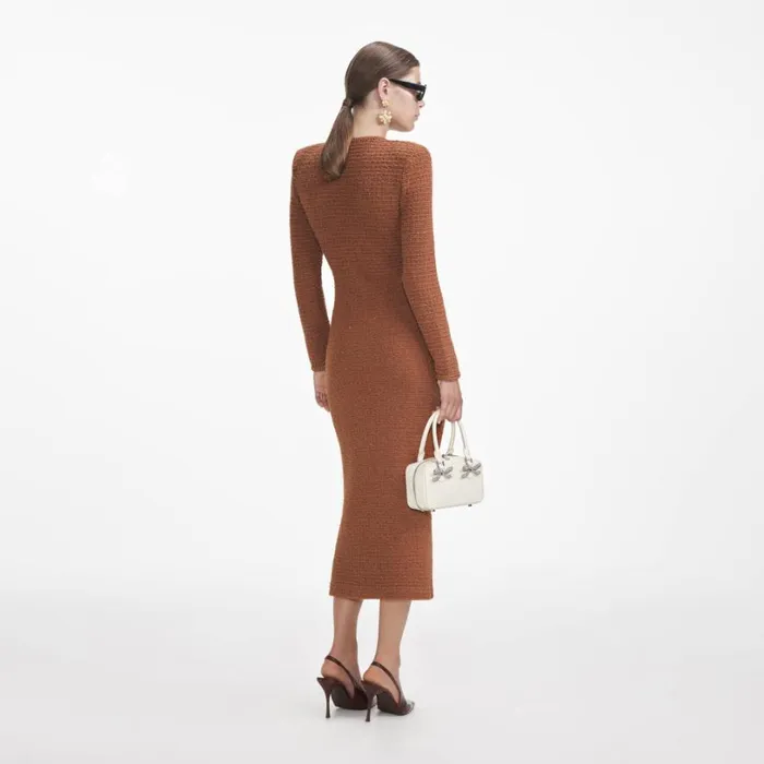 Brown Textured Knit Midi Dress Women Self Portrait Dresses
