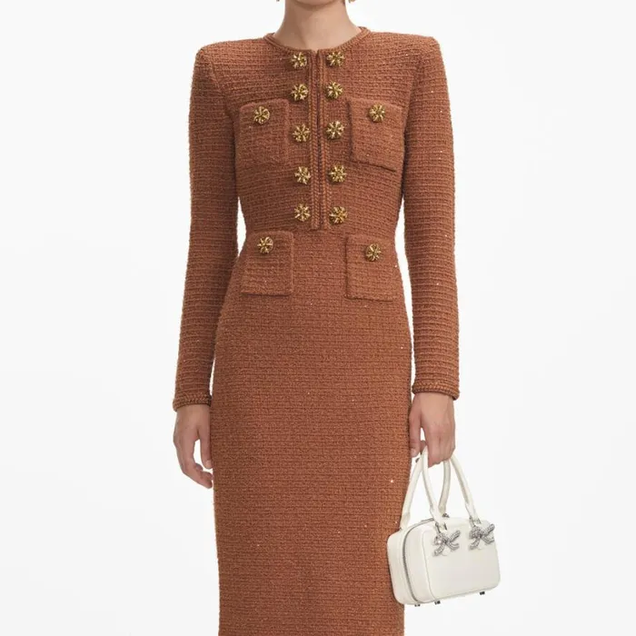 Brown Textured Knit Midi Dress Women Self Portrait Dresses