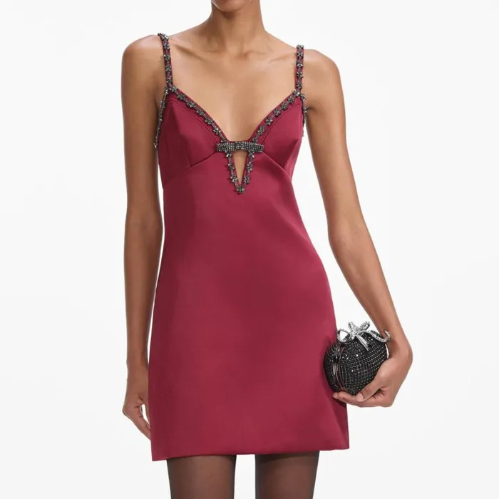 Burgundy Satin Strappy Mini Dress Women Self Portrait Dresses