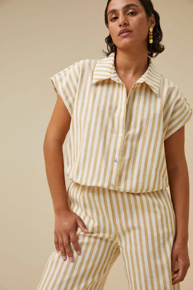 ByBar Broeken Vrouwelijk Randy Linen Stripe Pant Ochre ByBar Broeken Vrouwelijk Randy Linen Stripe Pant Ochre