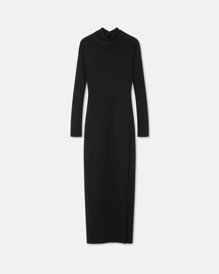 Cady DrapedNeck Slit Gown Black Women Versace Dresses