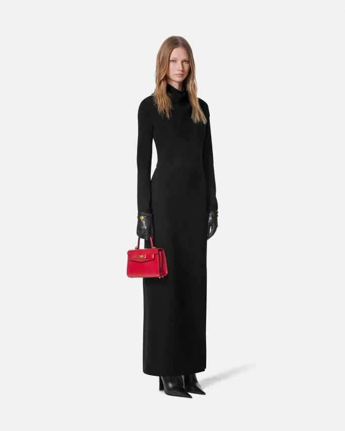 Cady DrapedNeck Slit Gown Black Women Versace Dresses