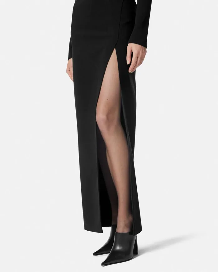 Cady DrapedNeck Slit Gown Black Women Versace Dresses