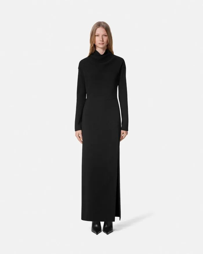 Cady DrapedNeck Slit Gown Black Women Versace Dresses