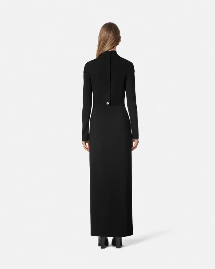 Cady DrapedNeck Slit Gown Black Women Versace Dresses