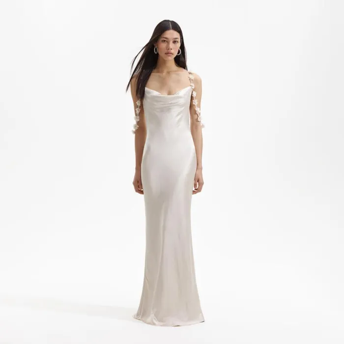 Champagne Satin Flower Maxi Dress Women Self Portrait Dresses