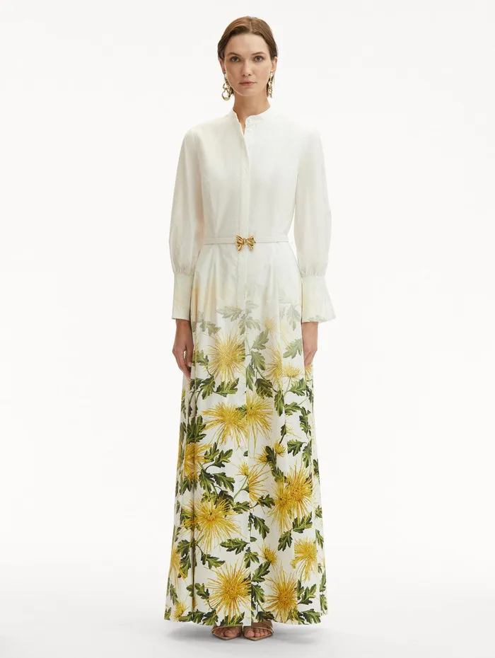 Chrysanthemum Fade Cotton Poplin Dress Yellow White Women Oscar De La Renta Dresses Chrysanthemum Fade Cotton Poplin Dress Yellow White Women Oscar De La Renta Dresses