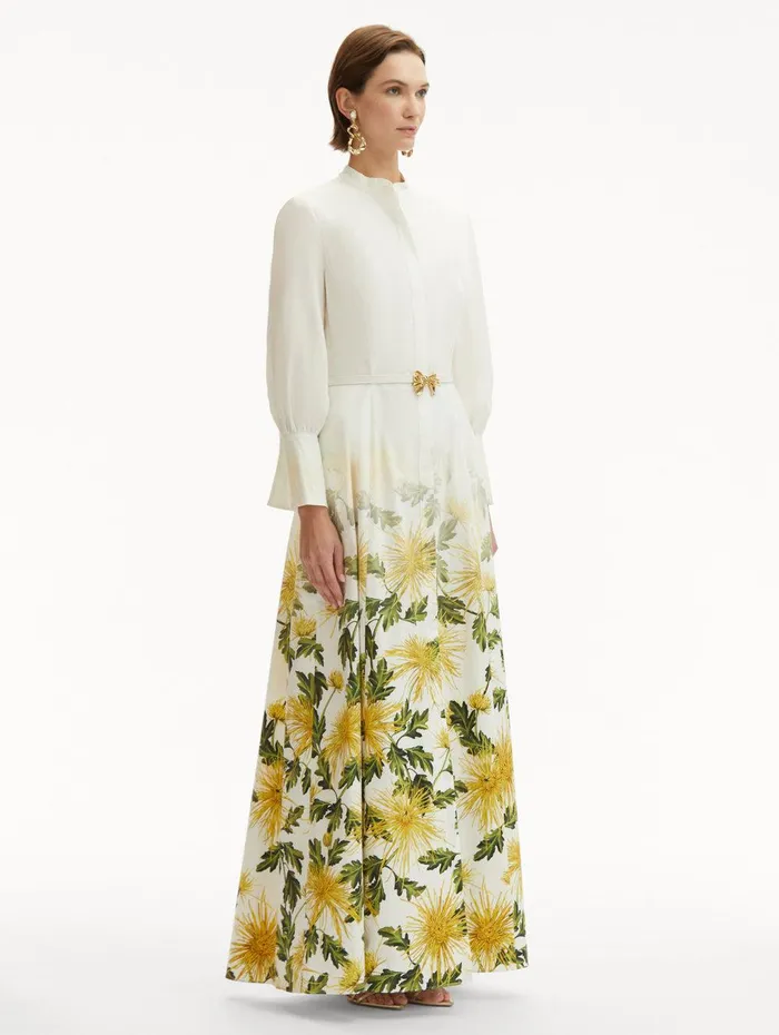 Chrysanthemum Fade Cotton Poplin Dress Yellow White Women Oscar De La Renta Dresses Chrysanthemum Fade Cotton Poplin Dress Yellow White Women Oscar De La Renta Dresses