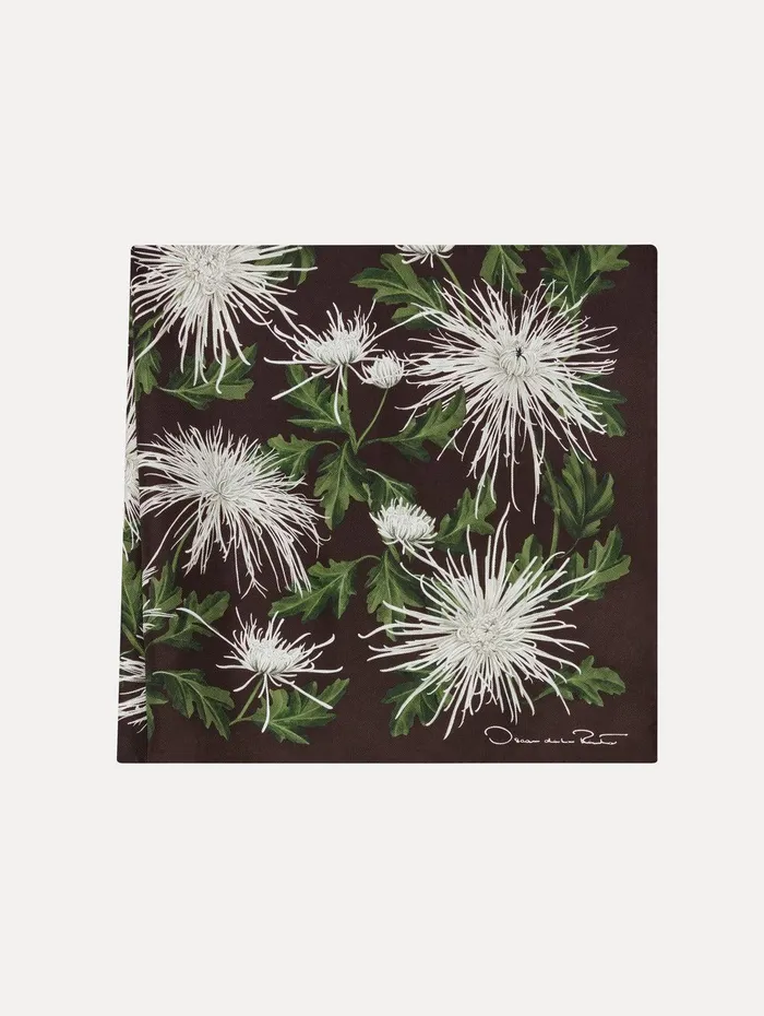 Chrysanthemum Silk Twill Scarf Chocolate Women Oscar De La Renta Scarves