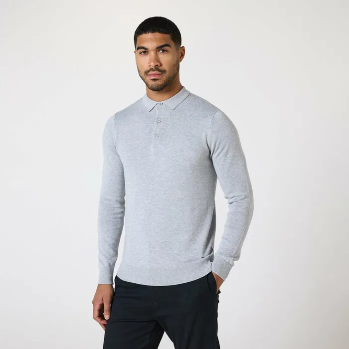 Closure London Long Sleeve Knitted Polo Light Grey Marl Men Knitwear