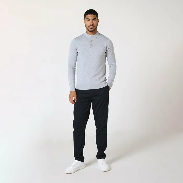 Closure London Long Sleeve Knitted Polo Light Grey Marl Men Knitwear