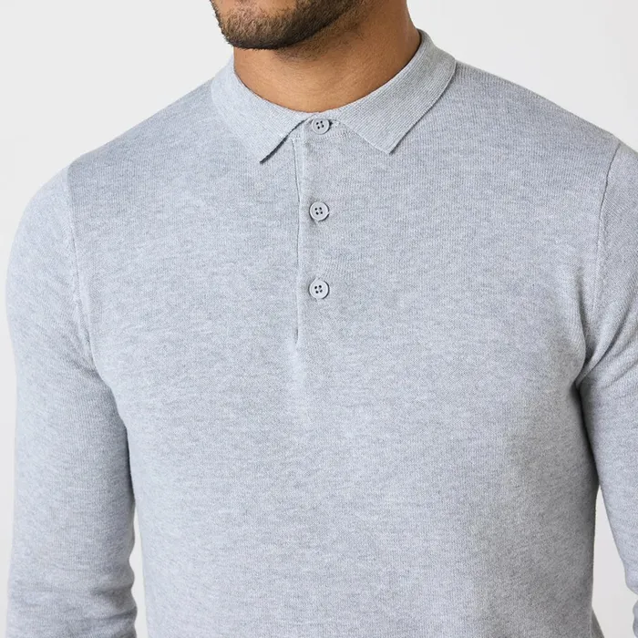 Closure London Long Sleeve Knitted Polo Light Grey Marl Men Knitwear