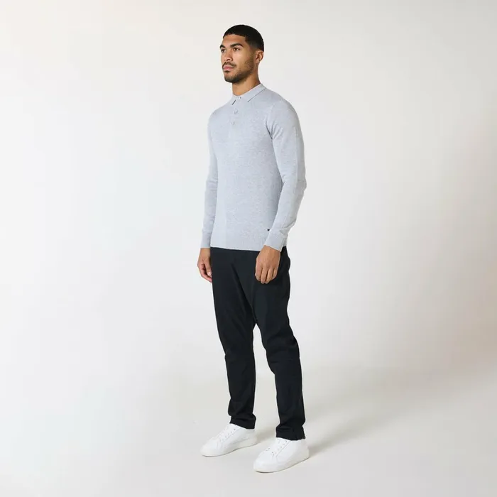 Closure London Long Sleeve Knitted Polo Light Grey Marl Men Knitwear