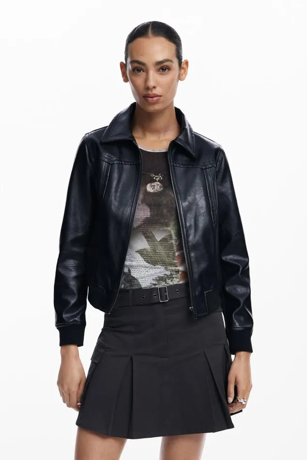Coats And Jackets Women Desigual Faux Leather Biker Jacket Black