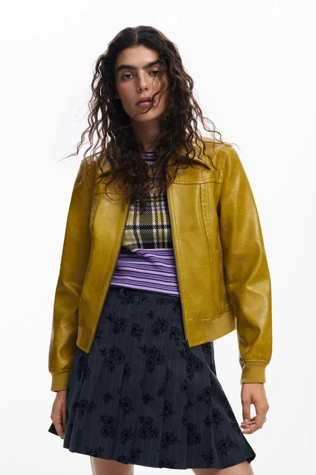 Coats And Jackets Women Desigual Faux Leather Biker Jacket Yellow