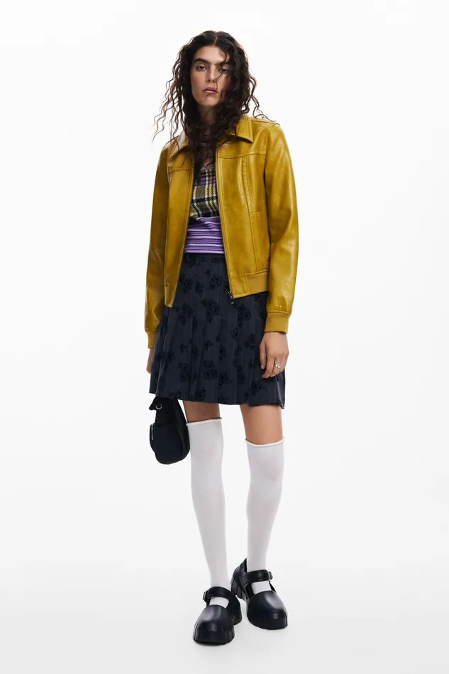 Coats And Jackets Women Desigual Faux Leather Biker Jacket Yellow