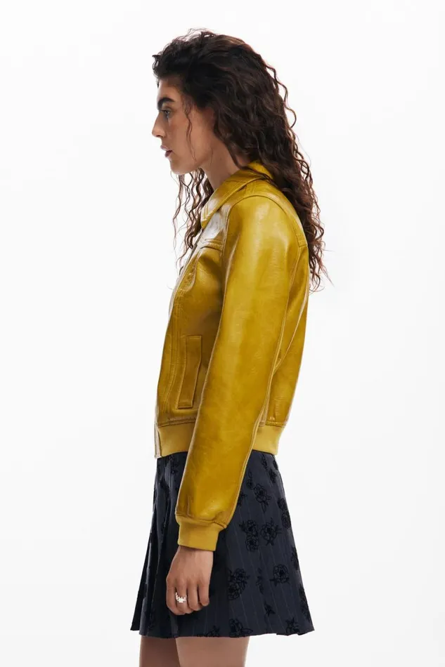 Coats And Jackets Women Desigual Faux Leather Biker Jacket Yellow