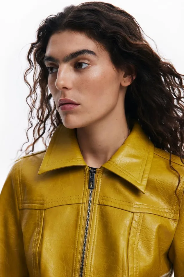 Coats And Jackets Women Desigual Faux Leather Biker Jacket Yellow