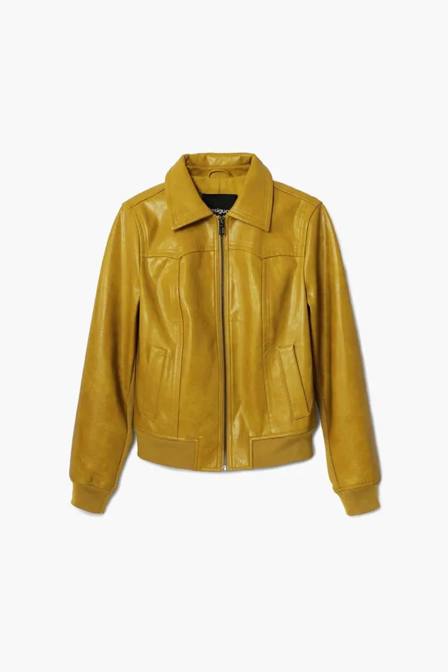 Coats And Jackets Women Desigual Faux Leather Biker Jacket Yellow