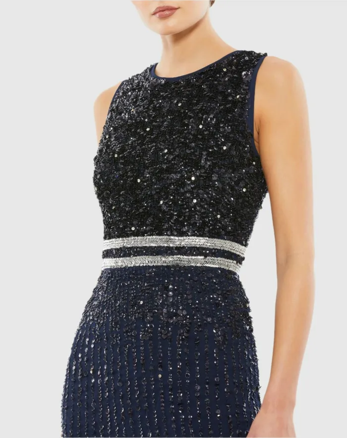 Cocktail Dresses Mac Duggal Women Navy Sleeveless High Neck Beaded Midi Sheath Dress Navy