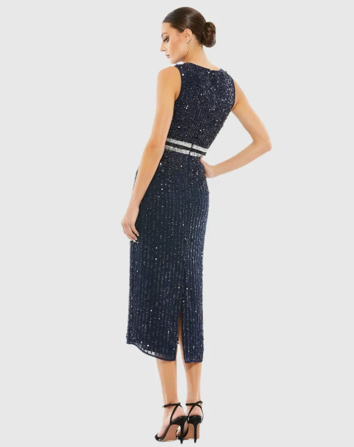 Cocktail Dresses Mac Duggal Women Navy Sleeveless High Neck Beaded Midi Sheath Dress Navy