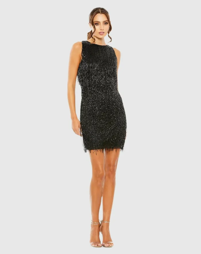 Cocktail Dresses Women Mac Duggal Embellished Beaded Fringe Dress Black