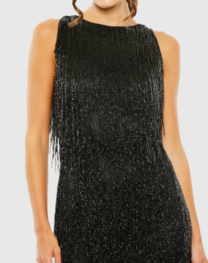 Cocktail Dresses Women Mac Duggal Embellished Beaded Fringe Dress Black
