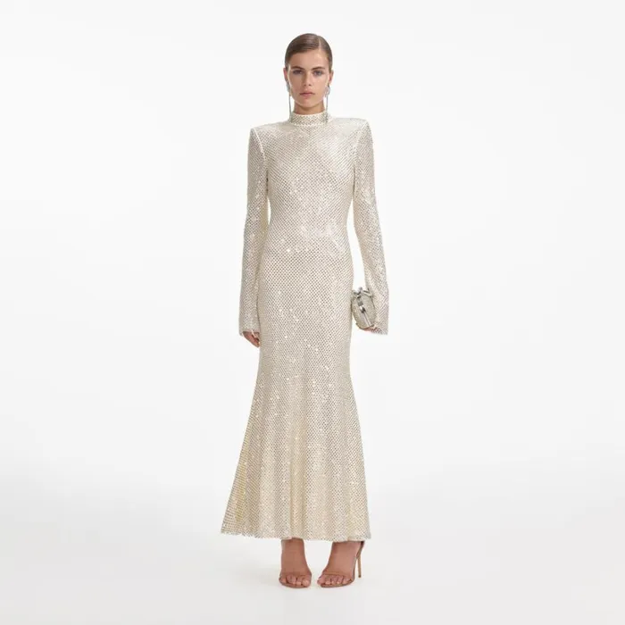 Cream Square Rhinestone Fishnet Midi Dress Women Self Portrait Dresses