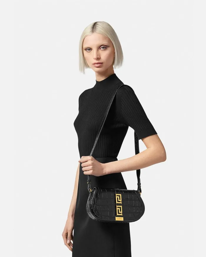 CrocEffect Greca Goddess Shoulder Bag Blackgold Women Versace Shoulder and Crossbody