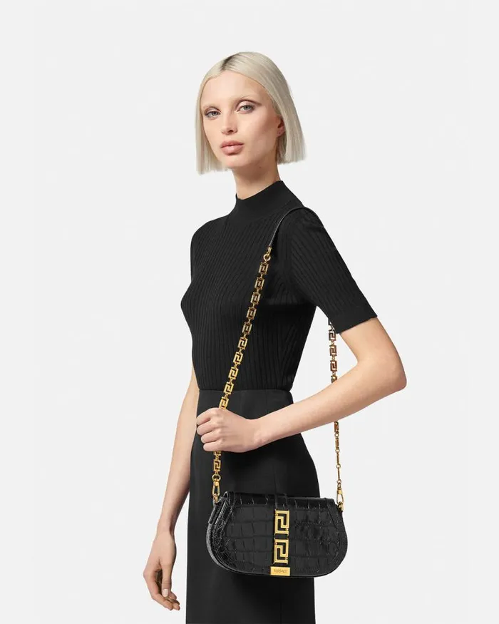 CrocEffect Greca Goddess Shoulder Bag Blackgold Women Versace Shoulder and Crossbody