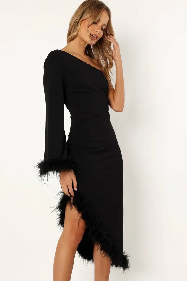 Dame One Shoulder Feather Midi Dress Black Women Fall Dresses Petal and Pup