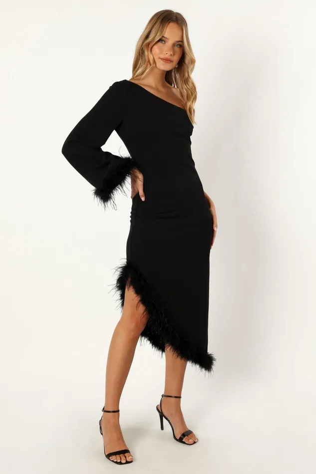 Dame One Shoulder Feather Midi Dress Black Women Fall Dresses Petal and Pup
