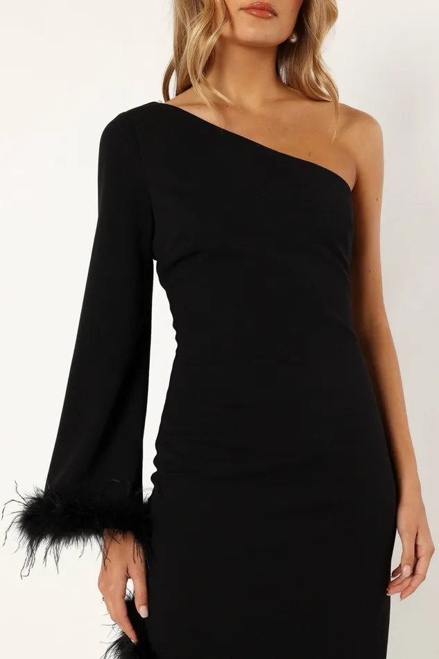 Dame One Shoulder Feather Midi Dress Black Women Fall Dresses Petal and Pup