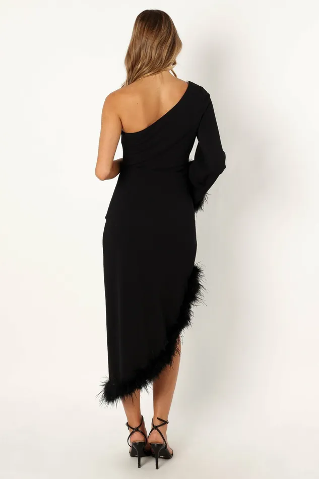 Dame One Shoulder Feather Midi Dress Black Women Fall Dresses Petal and Pup
