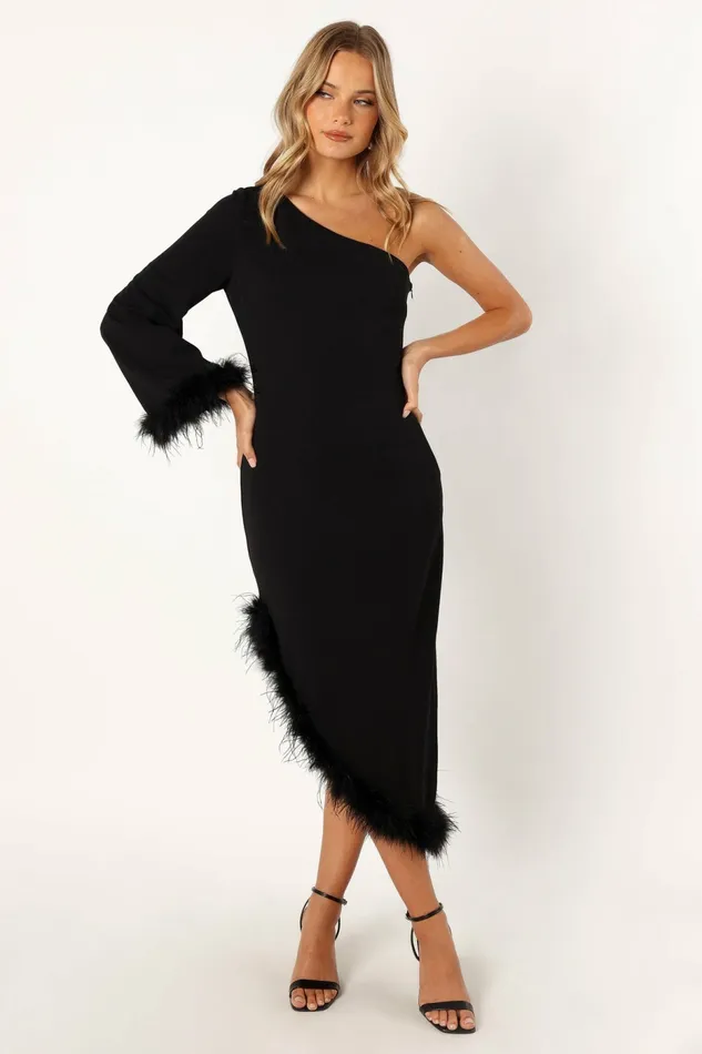 Dame One Shoulder Feather Midi Dress Black Women Fall Dresses Petal and Pup