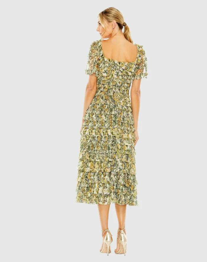 Daytime Dresses Short Sleeve Micro Ruffle Tea Length Dress Gold Multi 8211 Mac Duggal Women Daytime Dresses Short Sleeve Micro Ruffle Tea Length Dress Gold Multi 8211 Mac Duggal Women