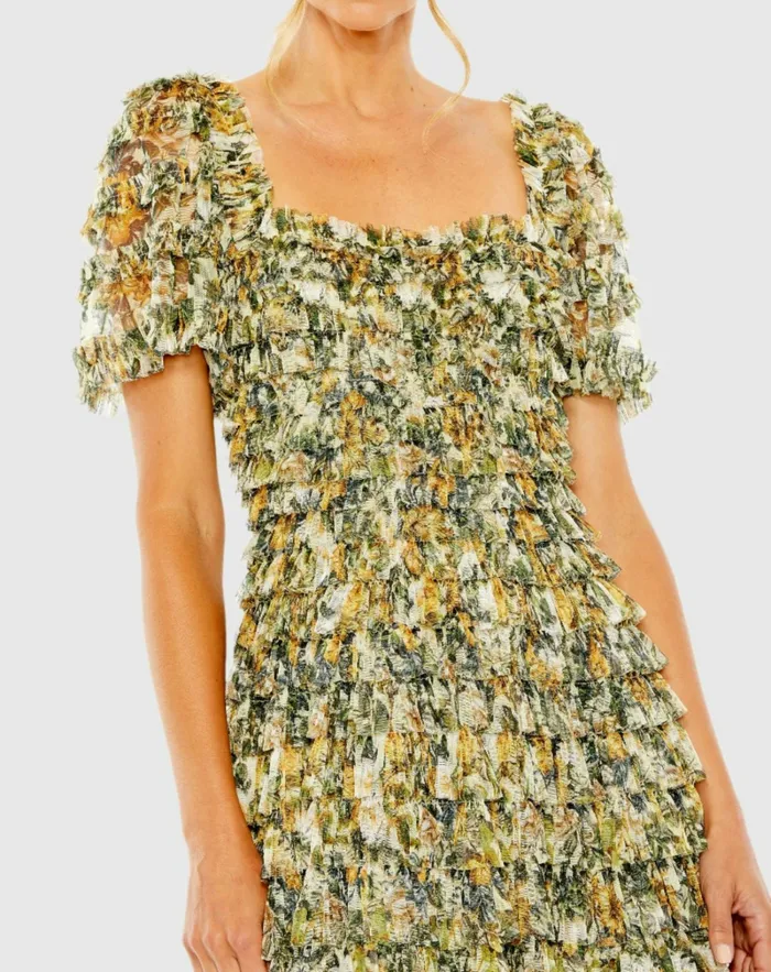 Daytime Dresses Short Sleeve Micro Ruffle Tea Length Dress Gold Multi 8211 Mac Duggal Women Daytime Dresses Short Sleeve Micro Ruffle Tea Length Dress Gold Multi 8211 Mac Duggal Women