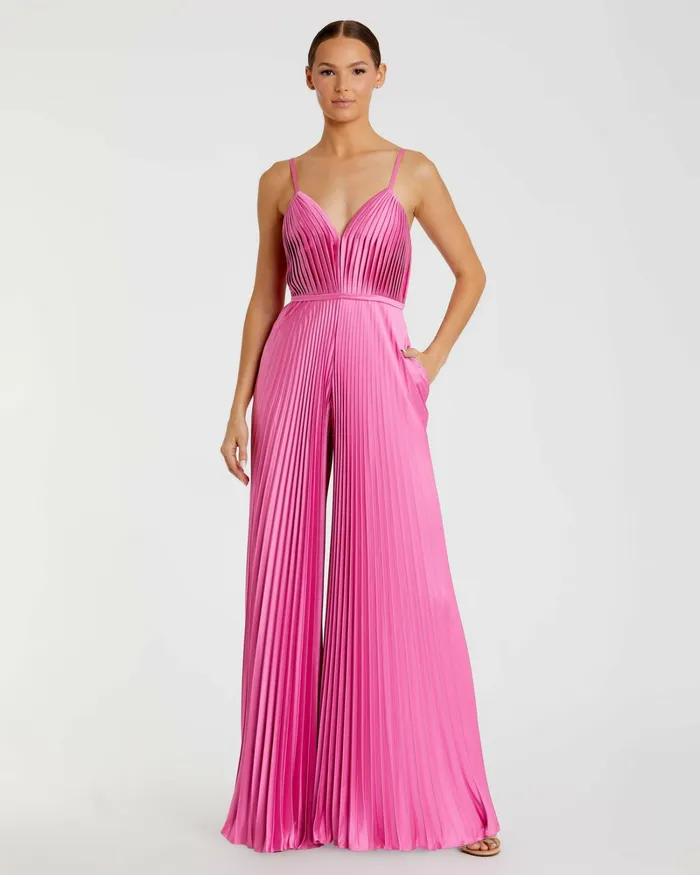 Daytime Dresses Women Mac Duggal Pink Pleated Plunge Neck Wide Leg Jumpsuit Pink