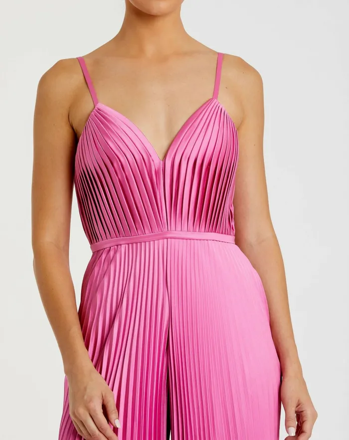 Daytime Dresses Women Mac Duggal Pink Pleated Plunge Neck Wide Leg Jumpsuit Pink
