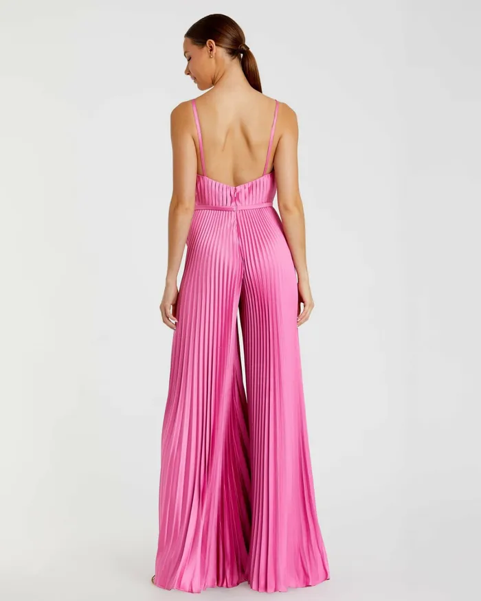 Daytime Dresses Women Mac Duggal Pink Pleated Plunge Neck Wide Leg Jumpsuit Pink