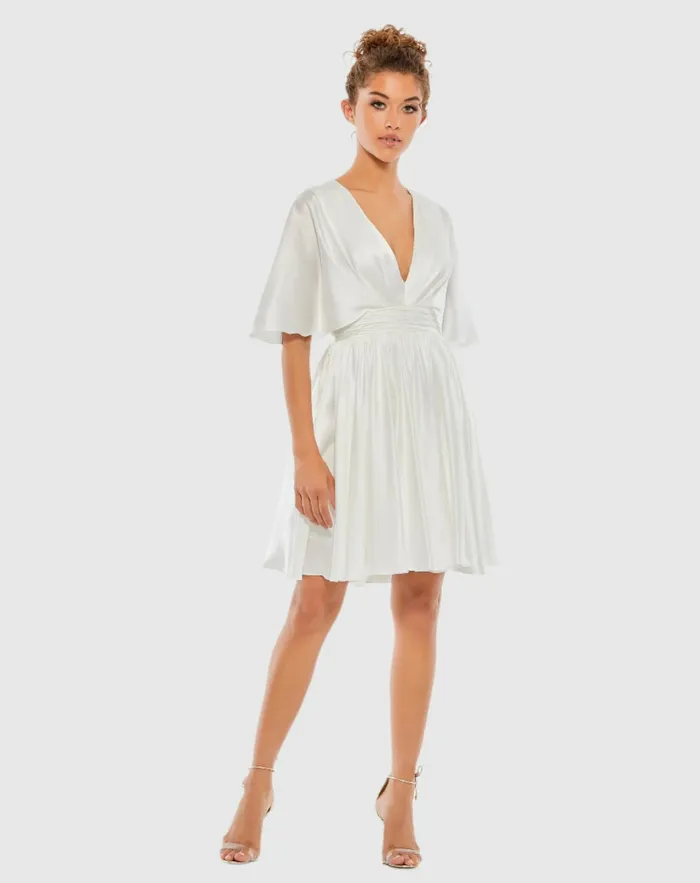 Daytime Dresses Women Mac Duggal White Satin Flowy Cape Sleeve Mini Dress 8211 FINAL SALE White